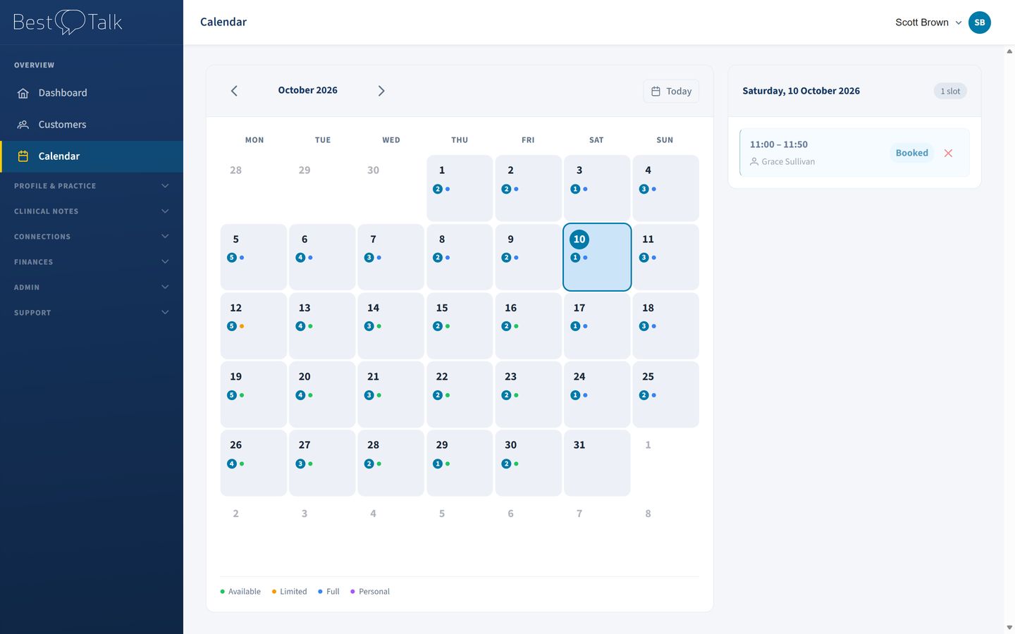 The BestTalk calendar with a week of booked sessions