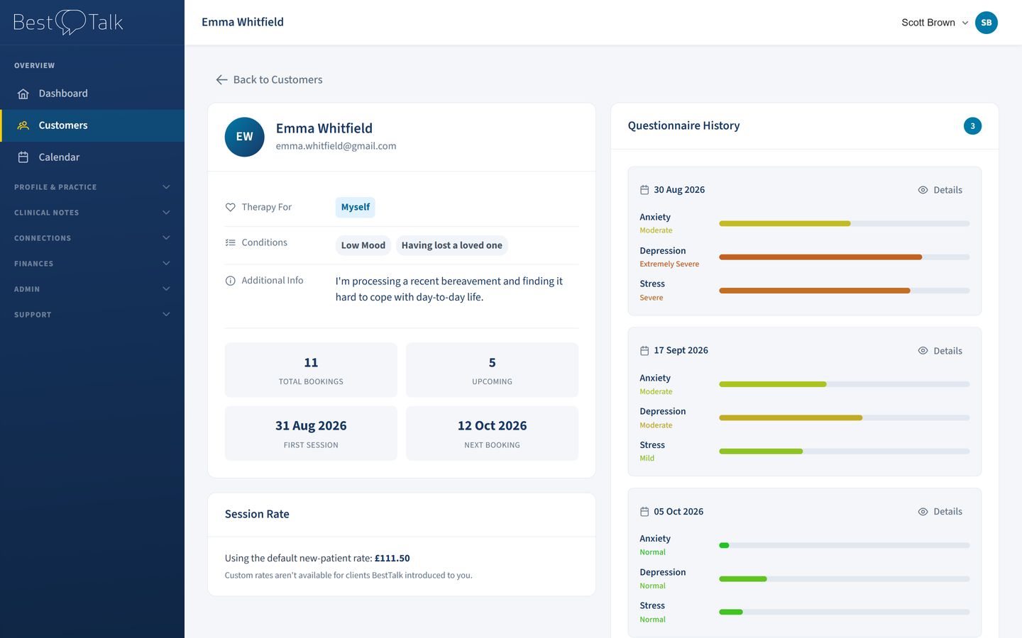 A client record showing DASS-21 scores improving over several weeks
