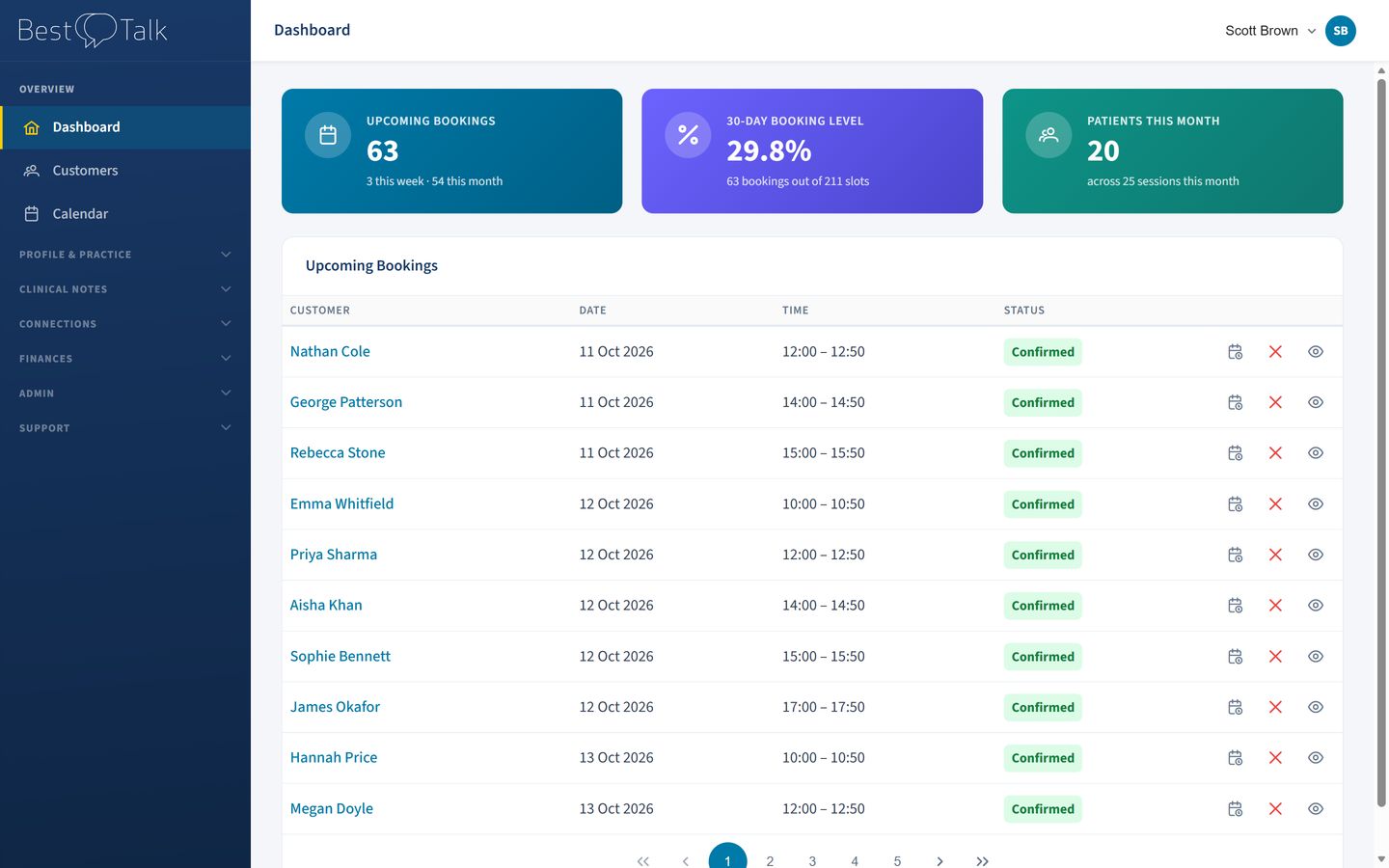 The BestTalk dashboard showing upcoming sessions and this month's earnings