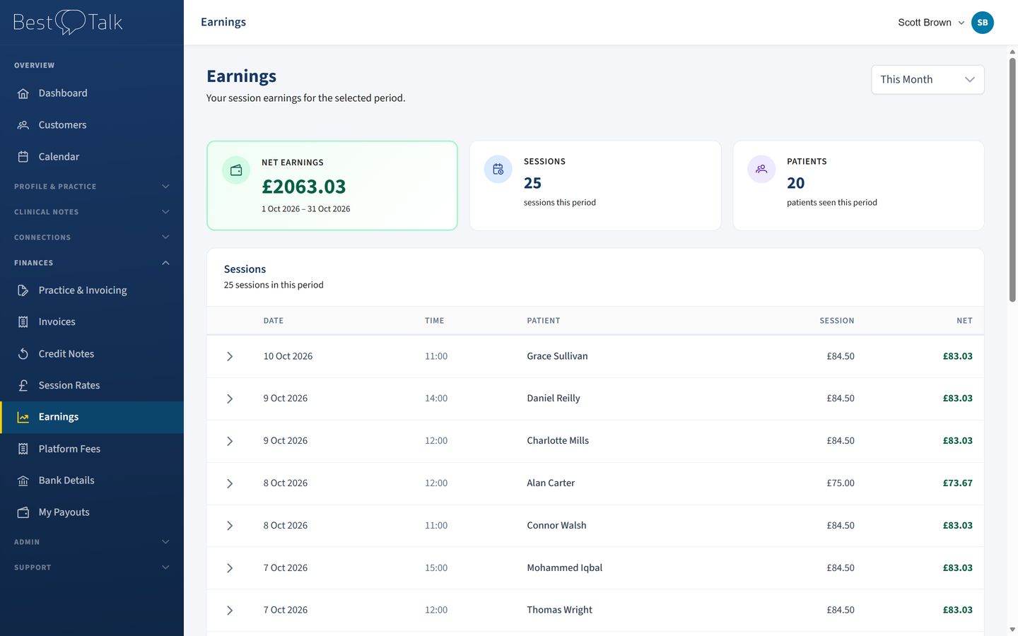 The earnings page itemising sessions, fees and payouts